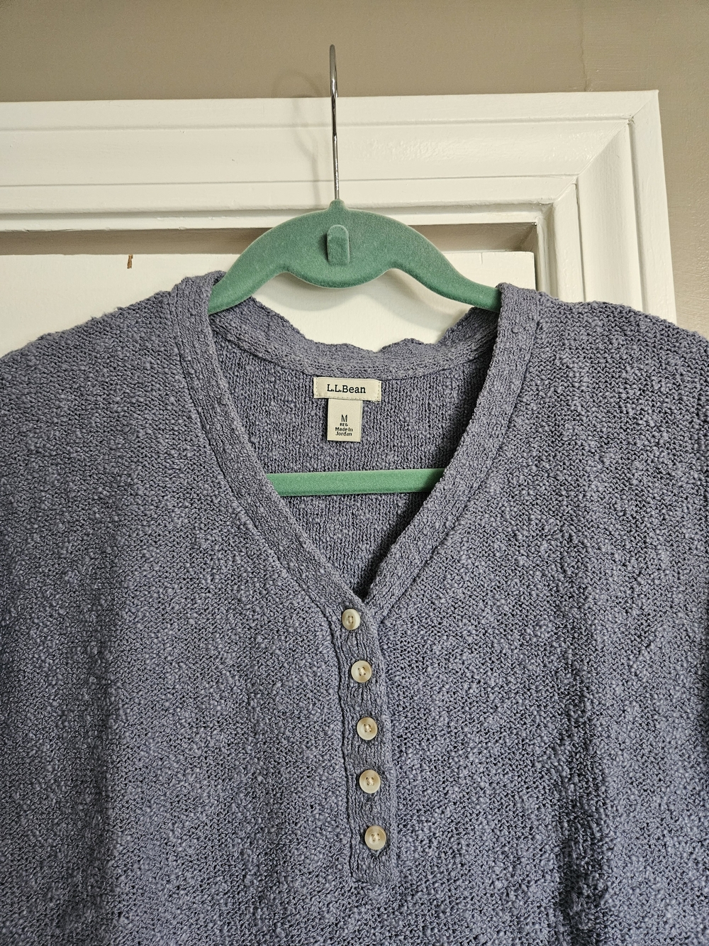 L.L. Bean Women's Textured V-Neck Button Pullover Sweater - Blue